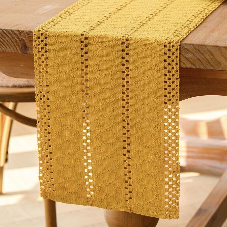 Boho tafelloper geel macramé decoratie voor tafel 30 x 140 cm katoen linnen