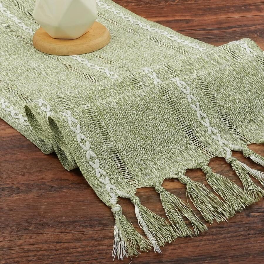 Boho Tafelloper Hoogwaardige Polyester 1 stuk Beige Groen