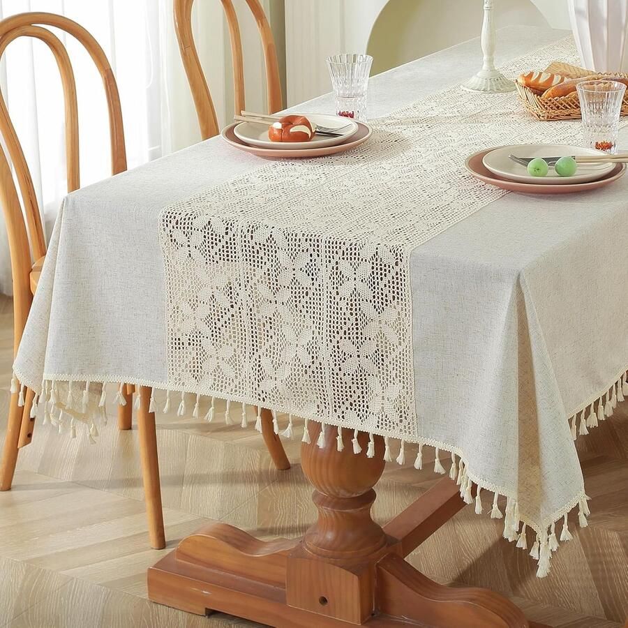 Rechthoekig tafelkleed vintage uitstraling 140 x 180 cm beige macramé