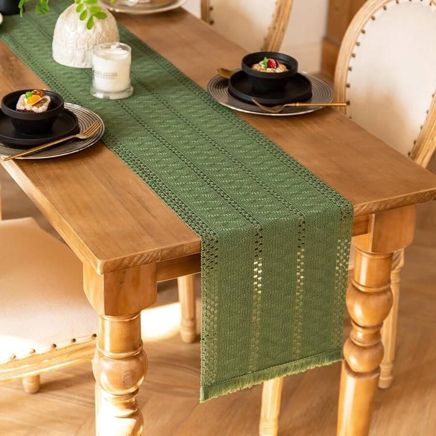 Boho Tafelloper Rustieke tafeldecoratie 1 stuk Groen Katoen en linnen 30 x 140 cm
