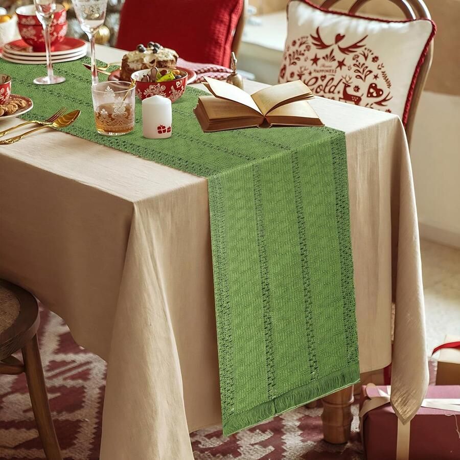 Boho Tafelloper Unieke uitstraling 1 stuk Groen Katoen linnen polyester 30 x 140 cm