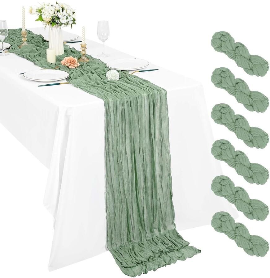 Boho tafellopers set van 6 saliegroen kaasdoek 50 x 300 cm