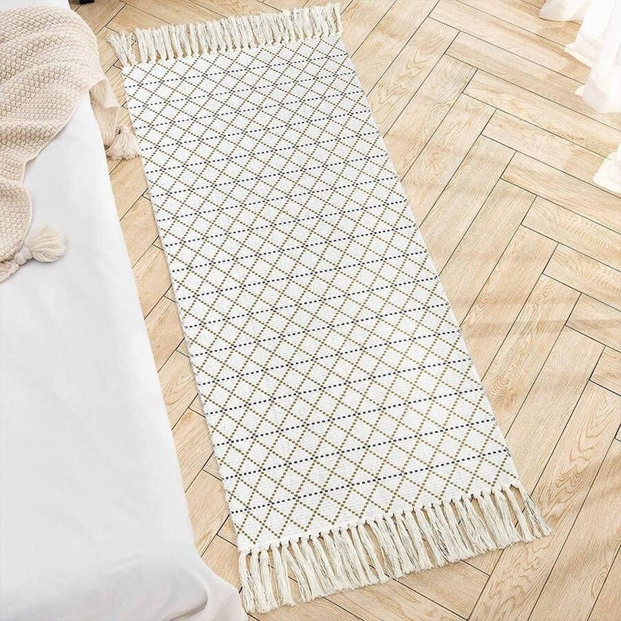 Boho tapijt katoen geweven tapijten met kwasten rasterpatroon wasbaar tapijt retro loper voor woonkamer slaapkamer entree keuken 60x130cm (koffie)