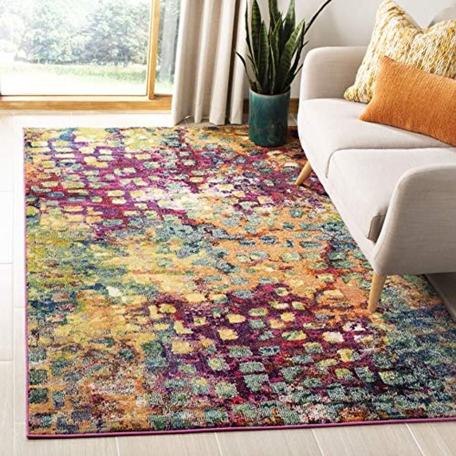 Boho tapijt voor woonkamer eetkamer of slaapkamer Korte pool roze en multi 155 x 231 cm