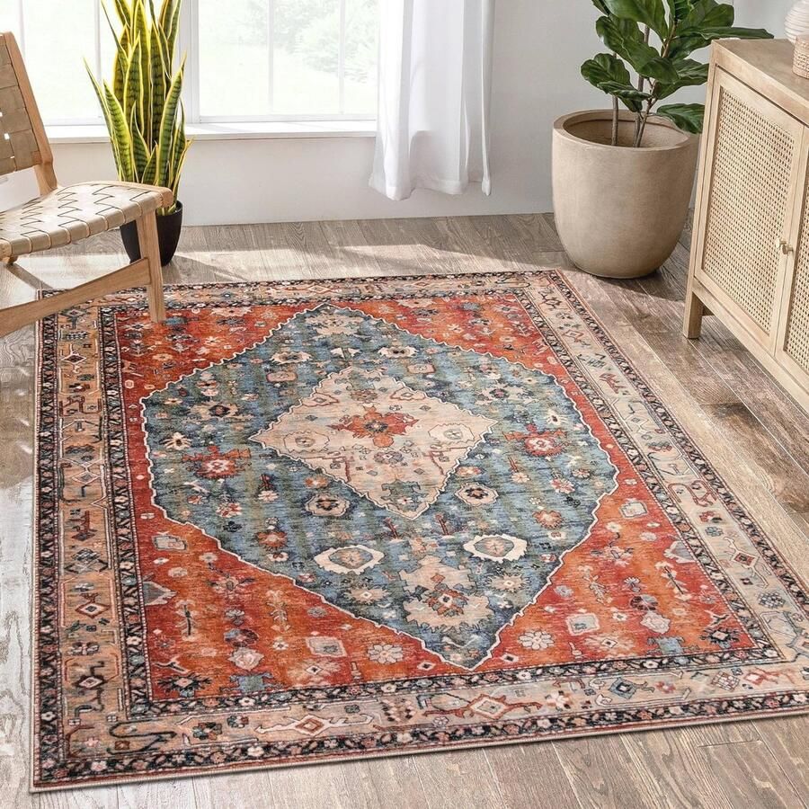 Boho Tapijt voor Woonkamer en Slaapkamer Washbaar Laagpolig Antislip Oosterse Kunstwol 150x210 cm