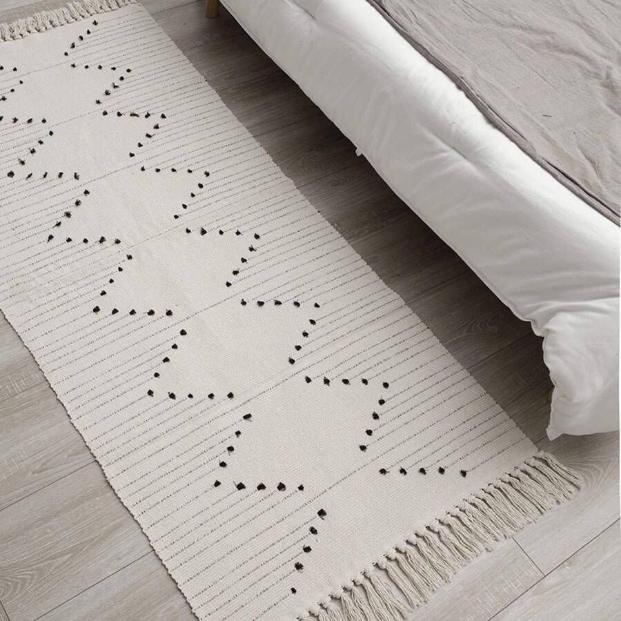 Boho tapijt voor woonkamer katoen wasbaar loper met kwastjes voor slaapkamer voordeur keuken badkamer 60 x 130 cm (beige)