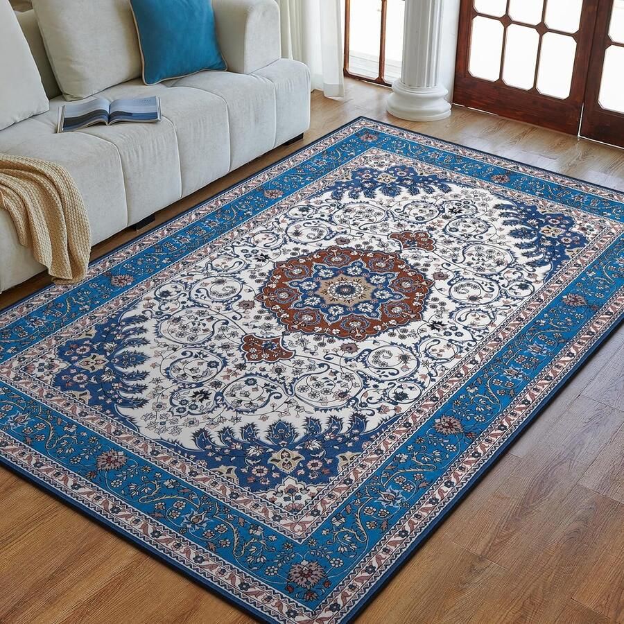 Boho Tapijt Woonkamer Slaapkamer Laagpolig Tapijt Wasbaar Zacht Antislip Vintage Design Blauw 160x230 cm