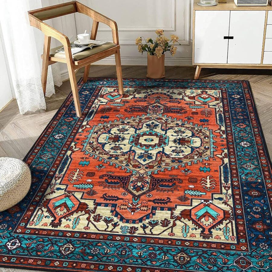 Boho tapijt woonkamer slaapkamer laagpolig wasbaar zacht antislip vintage design rood 120 x 170 cm