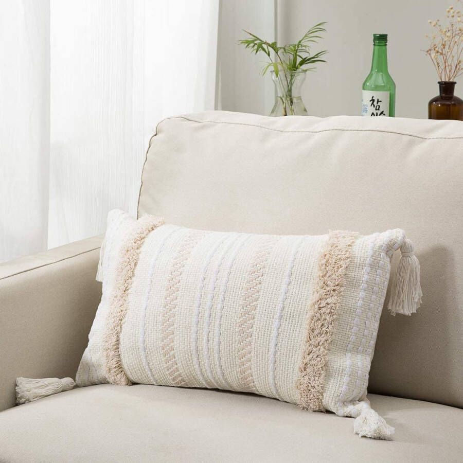 Boho Throw Kussensloop Kussen Getuft Tassel Woven Decoratieve Kussensloop voor Bank Sofa Slaapkamer Woonkamer Buiten Lichtgeel Beige 12X20 Inch 30cmx50cm 1PC