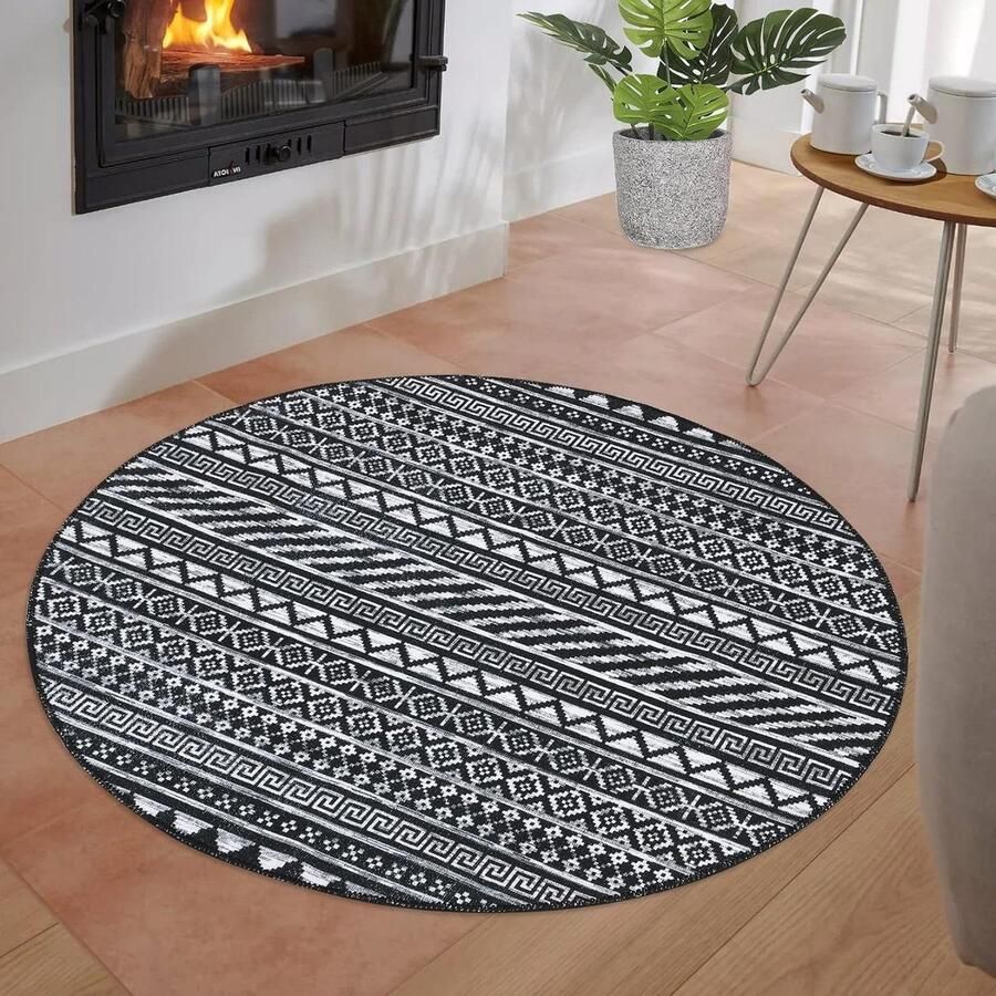 Boho Vintage Marokkaanse Diamond Area Tapijt Zuidwestelijke Bohemian Huisdiervriendelijk en Niet Vergieten Vlekbestendig Gemakkelijk Reinigen Zwart Rond 80cm