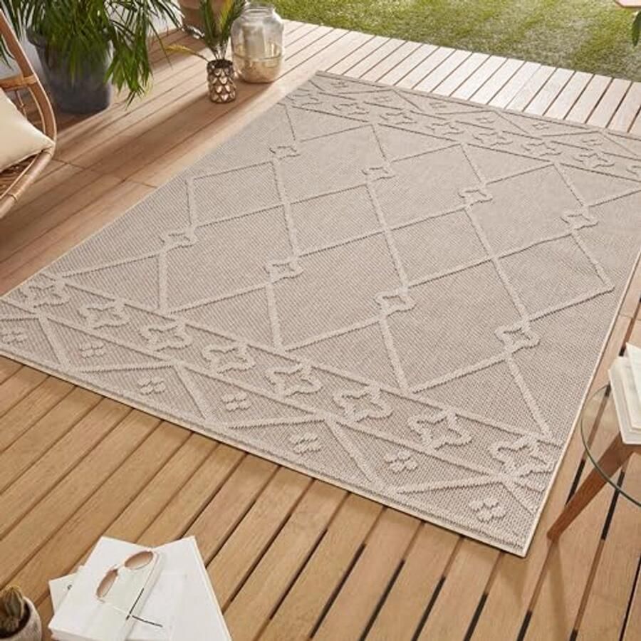 Boho Vloerkleed Beige 80 x 150 cm Outdoor Tapijt voor Keuken Balkon Terras en Tuin