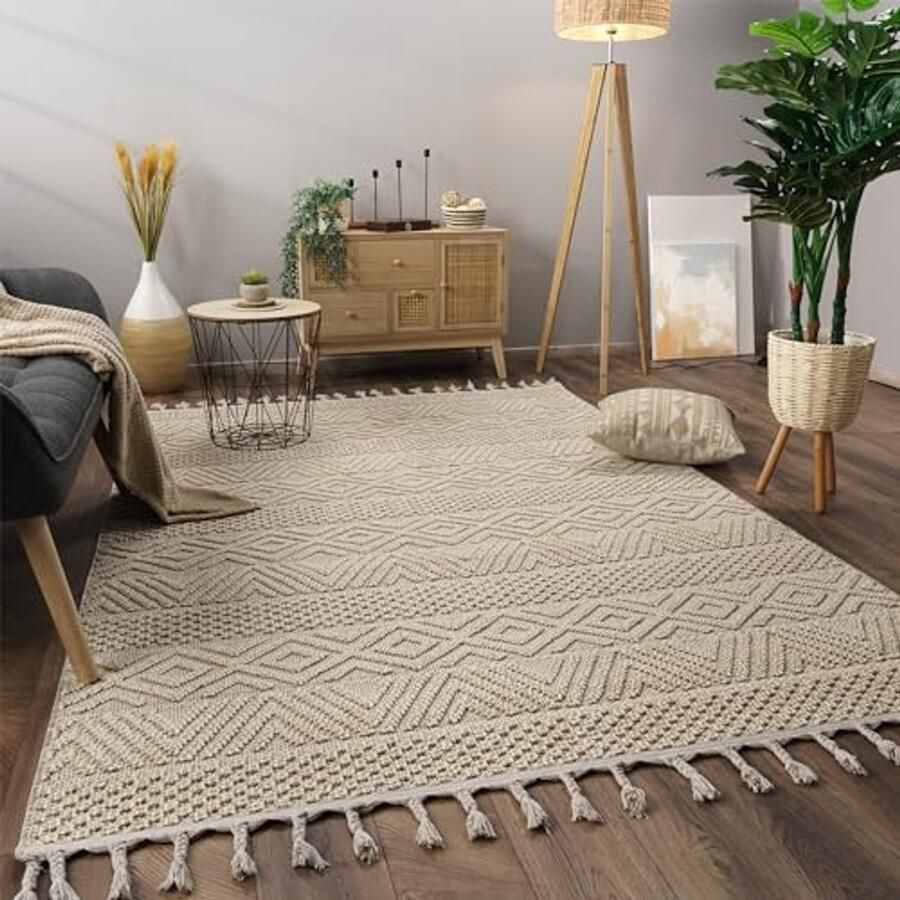 Boho Vloerkleed met Fringes 80x150 cm Scandinavisch Design in Crème Kleur