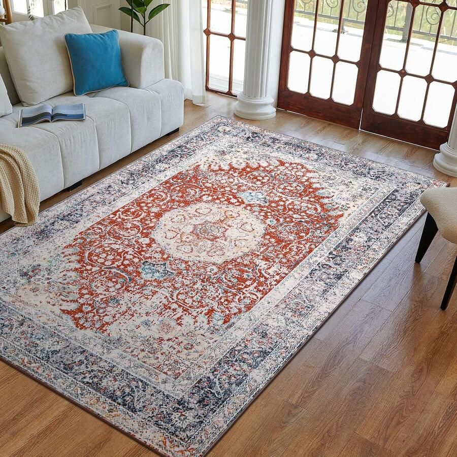 Boho vloerkleed woonkamer slaapkamer laagpolig tapijt wasbaar zacht antislip vintage design rood blauw 160 x 230 cm
