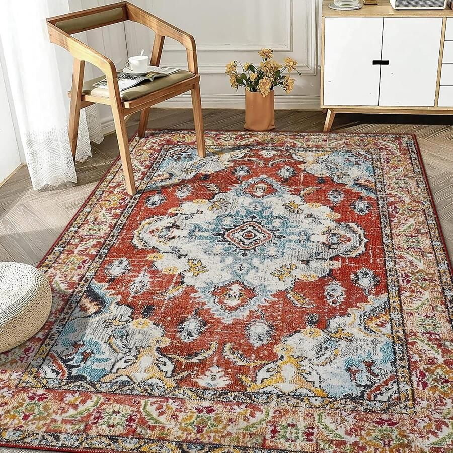 Boho vloerkleed woonkamer slaapkamer laagpolig tapijt wasbaar zacht antislip vintage design vintage rood 160 x 230 cm