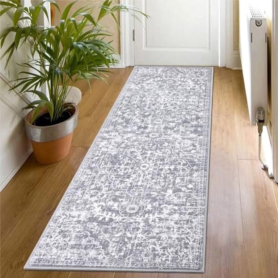 Boho Vloerloper 60 x 180 cm Antislip Kortpolig Tapijt voor Hal Woonkamer Keuken en Slaapkamer in Grijs