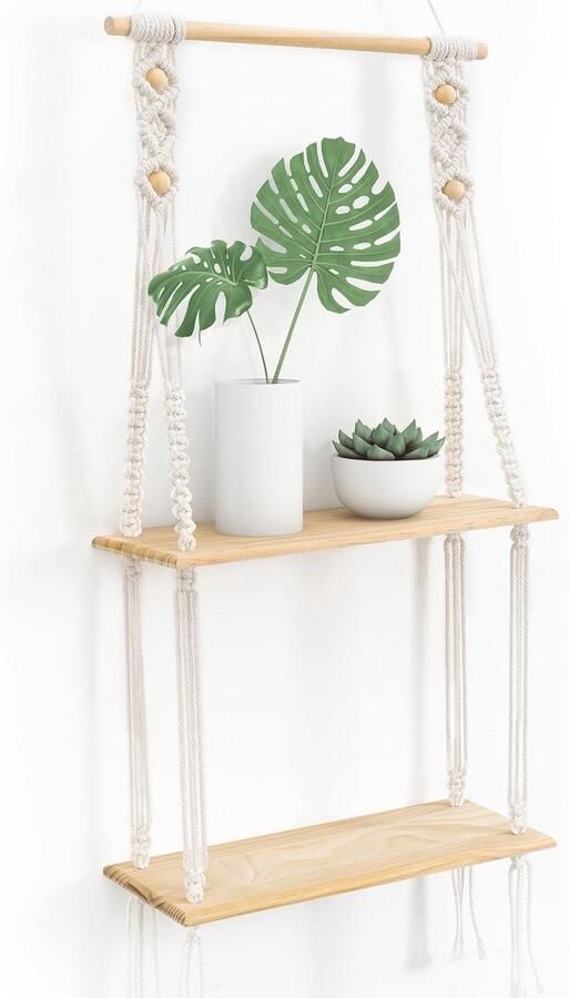 Boho Wandrek van Hout met Macramé Decoratief Wandrek voor Planten en Accessoires