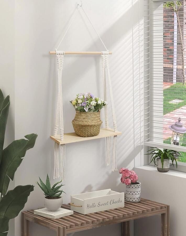 Boho Wandrek van Hout met Macramé Zwevend Wandplank voor Huisdecoratie - Foto 2