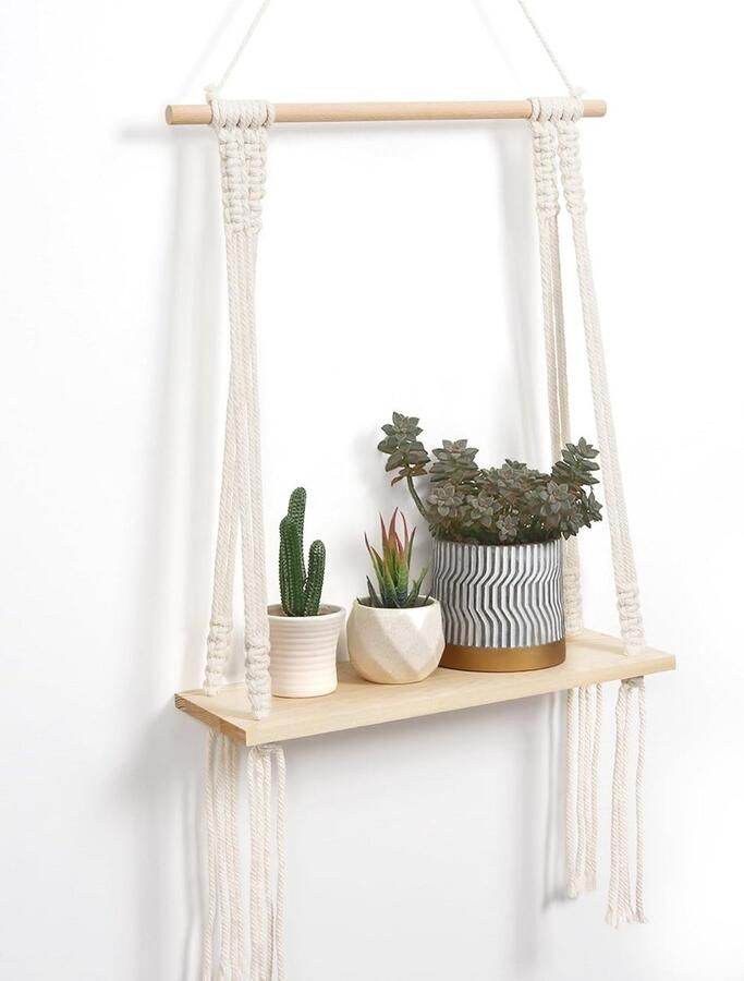 Boho Wandrek van Hout met Macramé Zwevend Wandplank voor Huisdecoratie