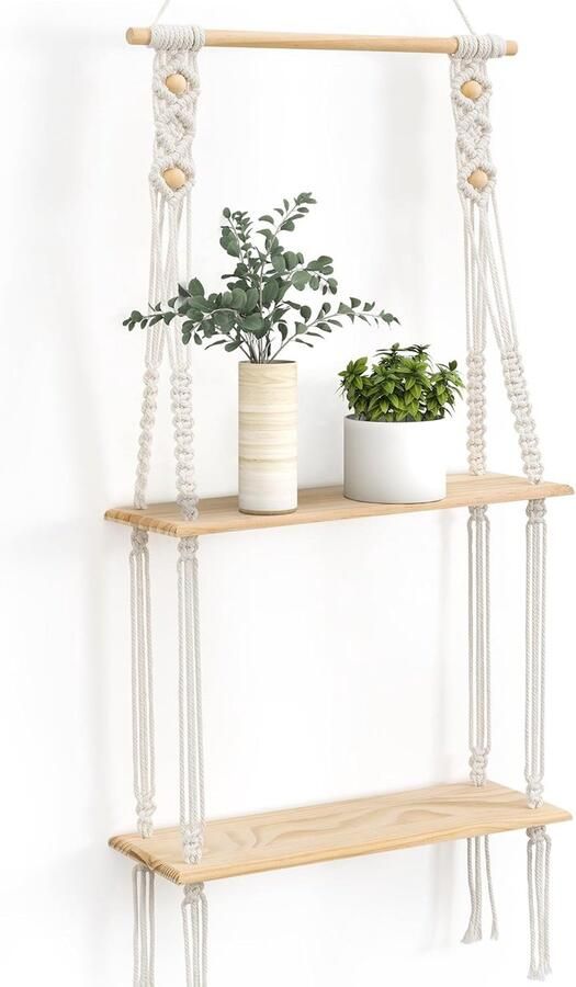 Boho Wandrek van Hout Zwevende Plank Handgeweven Macramé