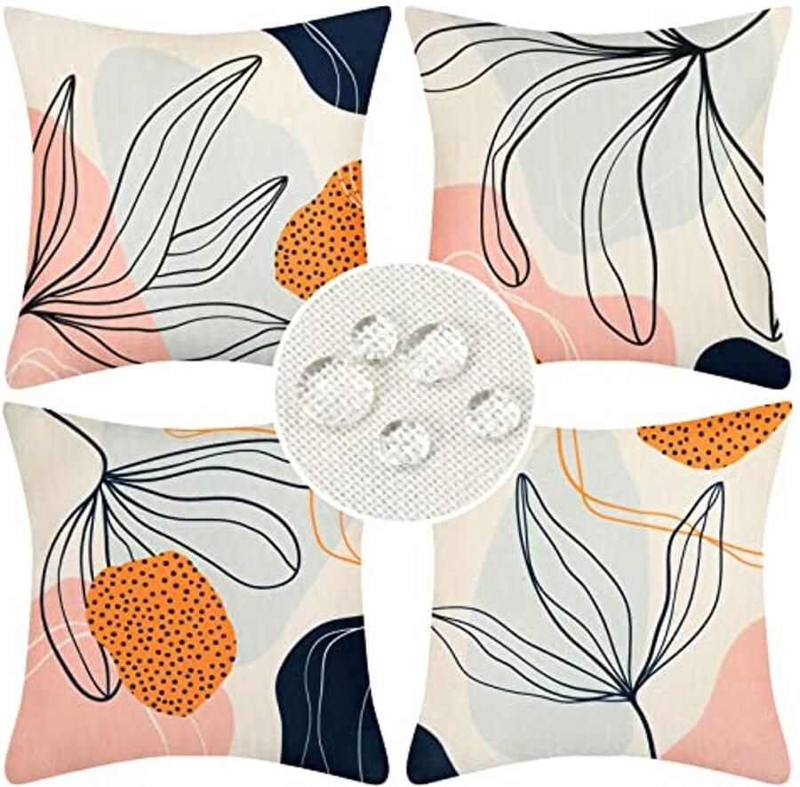 Boho Waterdichte Kussenslopen 45x45 cm Set van 4 Abstracte Kunst en Bladeren voor Bank Bed Auto Tuin Terras
