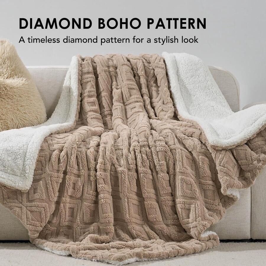 Boho woondeken en knuffeldeken sherpa-deken 127 x 152 cm klein zacht warm wollig dikke deken fleecedeken bankdeken voor bed bank woonkamer beige