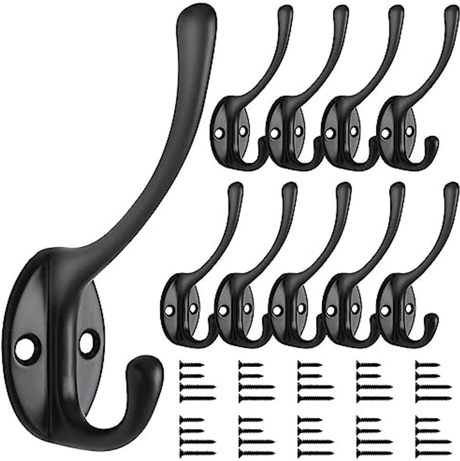 Bolatus 10 stuks kledinghaken zwanenhalshaken dubbele wandhaken wandkapstokken metalen kleerhangers met 40 schroeven voor kapstokken badkamer keuken (zwart)