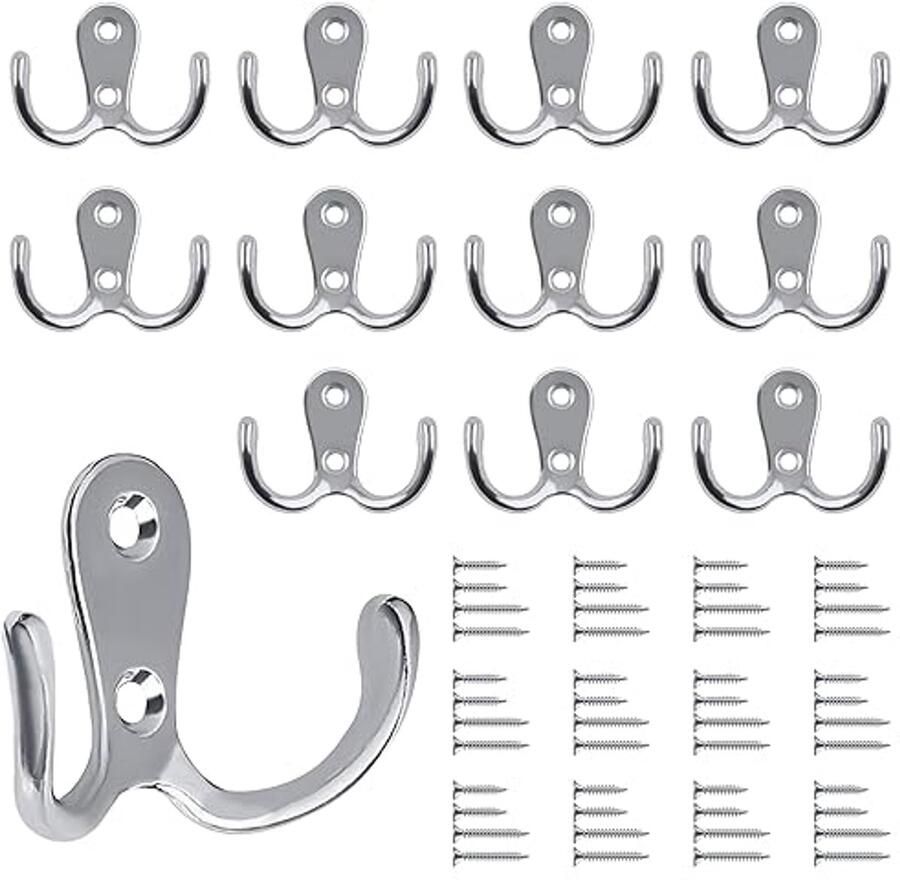 Bolatus 12 stuks kapstokken dubbele wandhaken retrohaken wandmetaal zilveren kapstokken vintage met 48 schroeven voor kapstokken badkamer keuken (zilver)