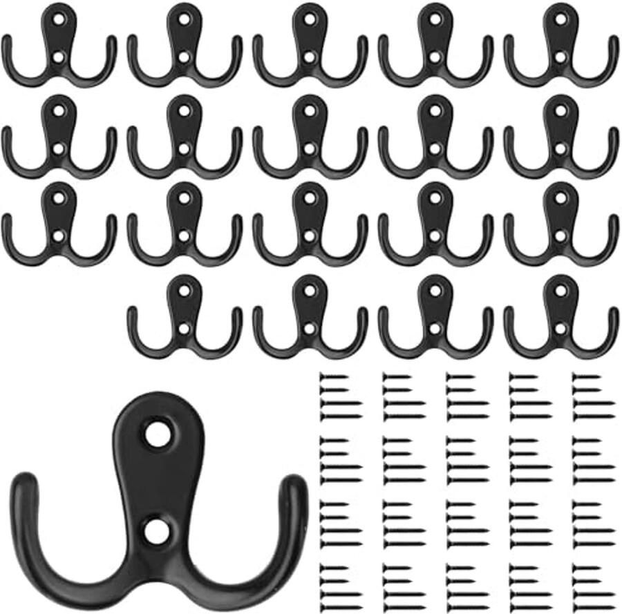 Bolatus 20 stuks kapstokken dubbele wandhaken retrohaken wandmetalen kledinghaken vintage met 80 schroeven voor kapstokken badkamer keuken (zwart)
