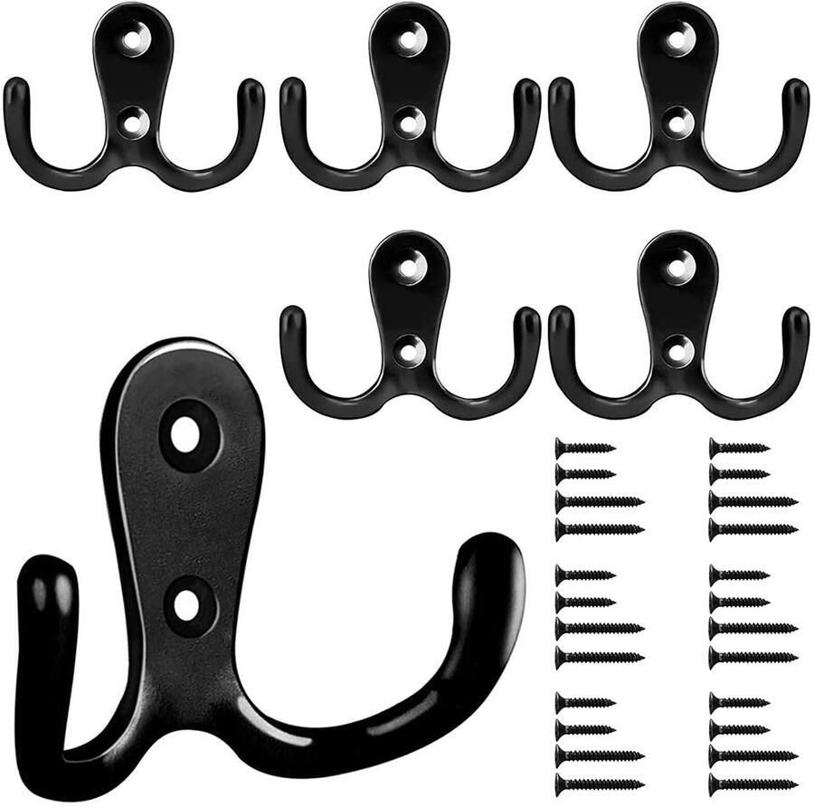 Ibenzoa Set van 6 Zwarte Dubbele Wandhaken met Vintage Design voor Ruimtes