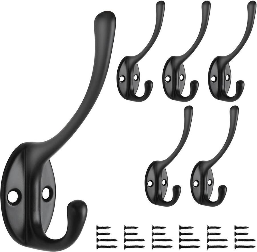 Bolatus 6 stuks kapstokhaken zwanenhalshaken dubbele wandhaken haken wandkapstokhaken metalen kapstok met 24 schroeven voor badkamer en keuken (zwart)