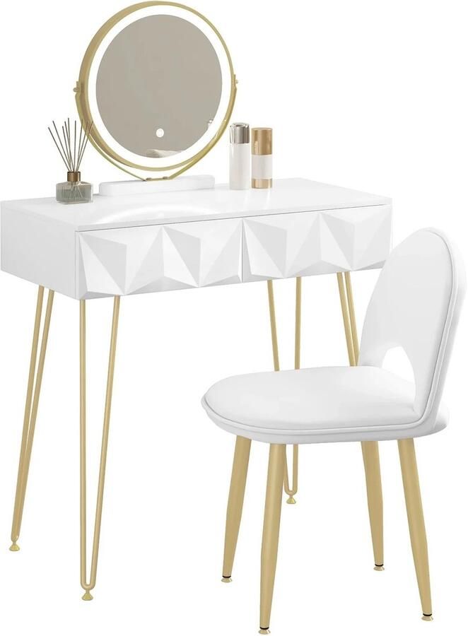Boleen Make up Tafel met Spiegel Makeup Tafel Make up Stoel Kaptafel Met Spiegel Met LED Spiegel Inlcusief Fluwelen Stoel Wit