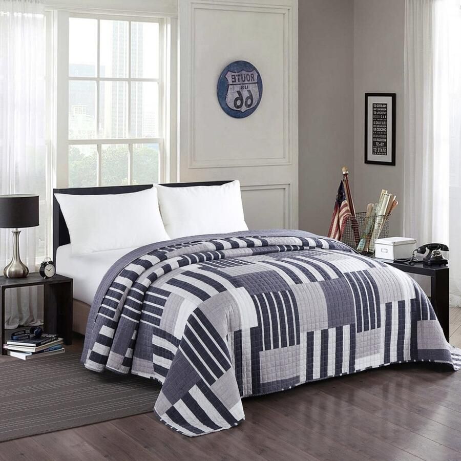 Bolt Edge Bedsprei Blauw Wit Geometrisch Design 220x240cm Voor 2-Persoons Bed
