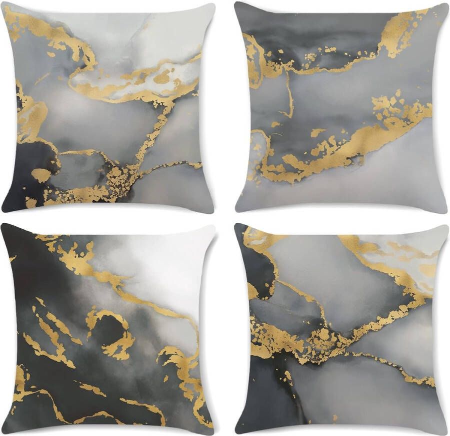 Bonhause Grijze marmeren kussenslopen 45 x 45 cm zwart goud abstracte kunst moderne decoratieve kussenslopen zachte fluwelen kussenslopen voor bank bed binnen outdoor decor set van 4