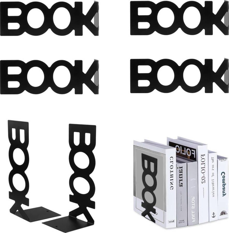 Bookends 3 Pairs of Bookends Book Holder CD Children's Metal 208 x 85 x 78 mm for Bookcase Kitchen Office School Library Black