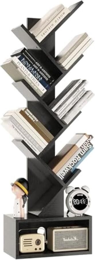 Boom Boekenplank 6-Laags Boekenkas met Kubusrek Moderne houten Opbergkast voor Boeken Films Cd's Boekentoren Vrijstaand voor Woonkamer Home office Studeerkamer Zwart