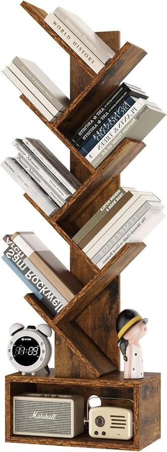 Boomboekenplank 6 niveaus vloerstaande boekenkast boomvormige boekenplanken metaal frame opbergrek boeken displayboek tijdschrift-cd's woonkamer rustiek bruin HBC016H moderne uitstraling