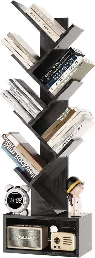 Boomboekenplank 6 niveaus vloerstaande boekenkast boomvormige boekenplanken zwart opbergrek-displayboek-tijdschrift-cd's