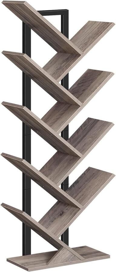 Boomboekenplank – 9-laags hoge staande boekenkast met houten planken en metalen frame industrieel design – Beige Grijs Zwart