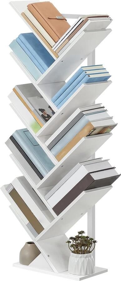 Boomboekenplank hoge 9-laags staande boekenplank hoge boekenkast met houten planken voor cd-albums metalen frame voor woonkamer keuken of thuiskantoor wit EWT08SJ01G1