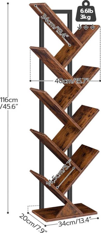 Boomboekenplank Hoog 9-laags vloerstaande boekenplank hoge boekenkast voor cd's albums voor woonkamer rustiek bruin en zwart