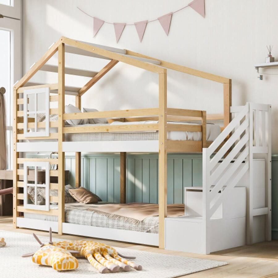 Boomhut kinderbed 90 x 200 cm stapelbed voor kinderen in raamdesign met opbergruimte en valbeveiliging naturel & wit inclusief plank – 2x lattenbodem (zonder matras)