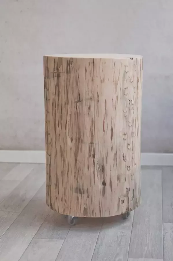 Boomstam tafel 50 cm hoog met zwenkwieltjes