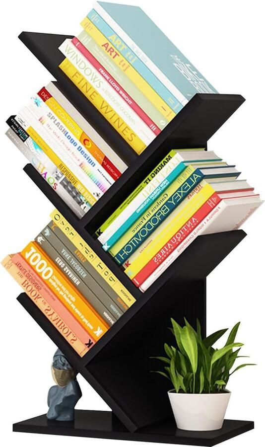 Goodivery Boomvorm boekenkast 5 niveaus boom ruimteverdeler plank hout cd dvd boeken tijdschriften opbergkast staand rek boekenkast voor woonkamer werkkamer kinderkamer kantoor (zwart