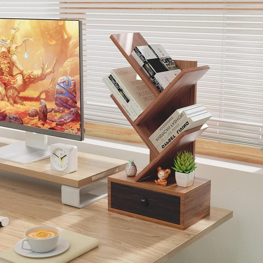 Houten boekenkast boomvorm met lade Boekenrek voor tafel en vloer CD en DVD plank Klein rek voor werkkamer en kantoor 30 x 175 x 60 cm 3 verdiepingen Bruin