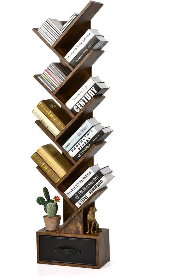 Boomvormig boekenkast 149 5 cm smalle boekenkast met 10 planken holle bodem en uitneembare inklapbare lade opbergrek voor woonkamer kantoor slaapkamer (bruin)