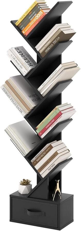 Boomvormige Boekenkast met 10 Planken en Lade – Ruimtebesparend Opbergrek voor Woonkamer Kantoor en Slaapkamer