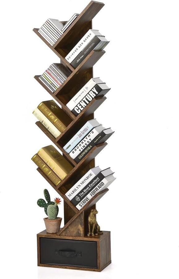 Boomvormige Boekenkast met 10 Verdiepingen en Lade Ruimtebesparend Opbergmeubel voor Woonkamer of Kantoor