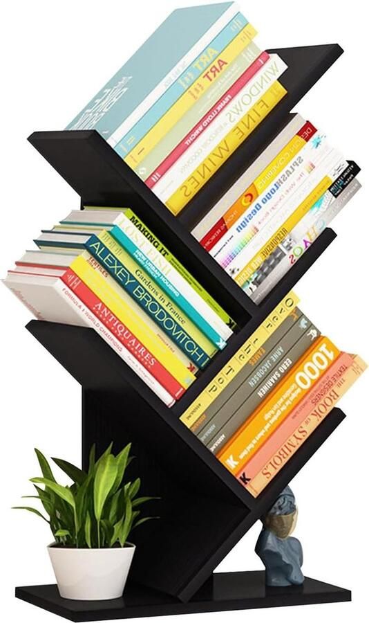 Boomvormige boekenkast met 5 niveaus Boomverdeler plank Houten opbergrek voor cd's dvd's boeken en tijdschriften Woonkamer werkkamer kinderkamer kantoor Zwart walnoothout