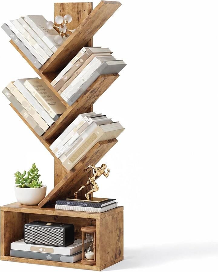 Boomvormige boekenkast met 5 niveaus en lade Houten boekenkast voor woonkamer slaapkamer en thuiskantoor