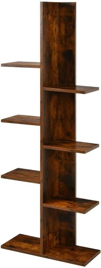 Boomvormige Boekenkast met 8 Planken – Vrijstaande Multifunctionele Displaystandaard voor Boeken en Planten Rustiek Bruin